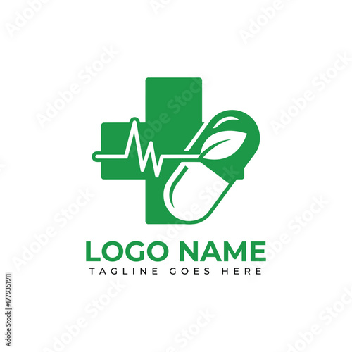 Modern green medical logo design featuring a cross, heartbeat line, capsule, and leaf for a natural healthcare or pharmaceutical brand identity