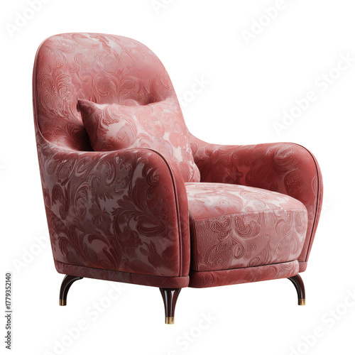 Elegant Red Armchair With Intricate Design in a Modern Living Room Setting
