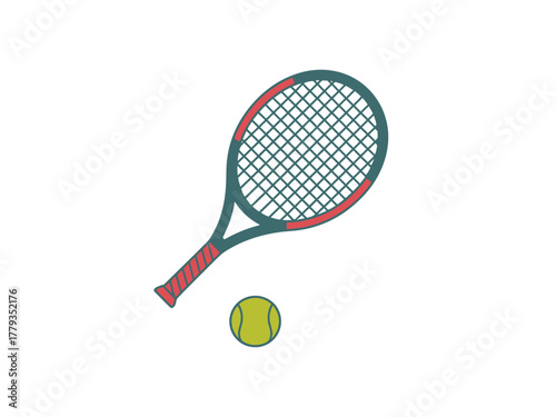 A tennis racket rests beside a fuzzy yellow ball on a plain background.