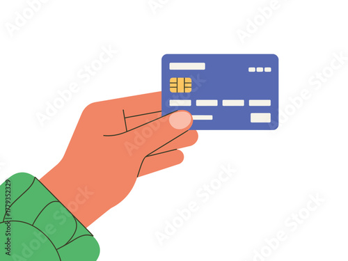 A hand holds a blue credit card for a transaction.