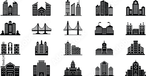 Urban architecture and cityscape icons featuring modern skyscrapers, historic structures, and suspension bridges, perfect for design projects isolated on transparent background, Vector