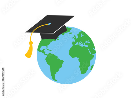 A graduation cap rests on top of the planet Earth, symbolizing global education.