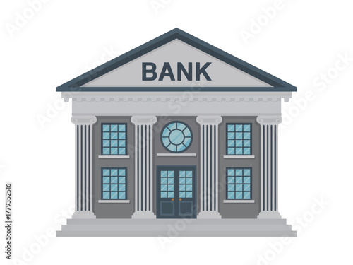 A neoclassical bank building stands proudly with columns and a pediment.