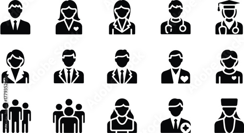 User profile and professional occupation avatar icons set, including business, medical, and education roles for various applications. isolated on transparent background, Vector
