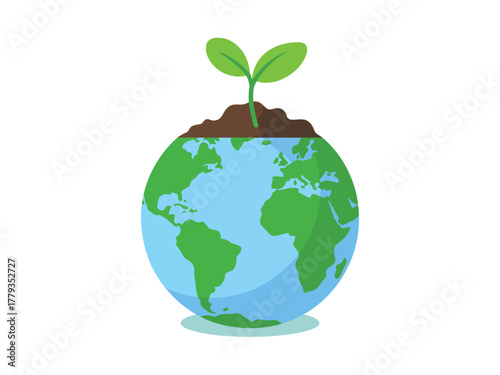 A young plant sprouts from soil atop a stylized globe, symbolizing growth and environmental care.