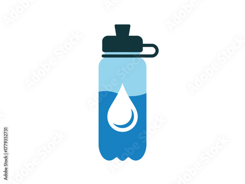 A transparent water bottle with blue liquid and a drop symbol is presented against a white background.