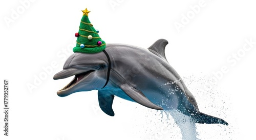 dolphin wearing a Christmas tree hat, holiday animal graphic, on a white background