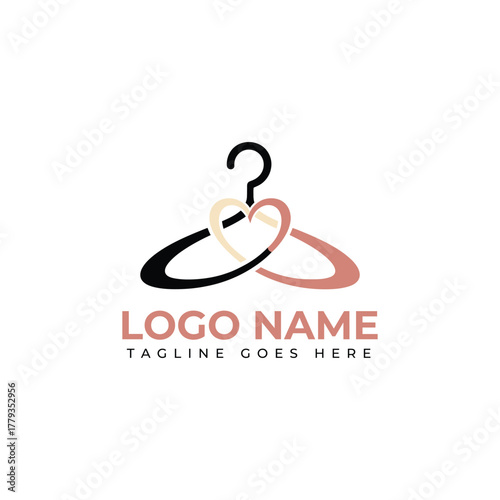 Elegant hanger logo design with interwoven hearts symbolizing fashion, love, and style for boutique brands