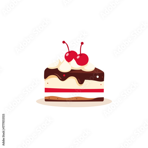 Flat Design Cake Slice Illustration – Chocolate Cherry Minimal Dessert Icon