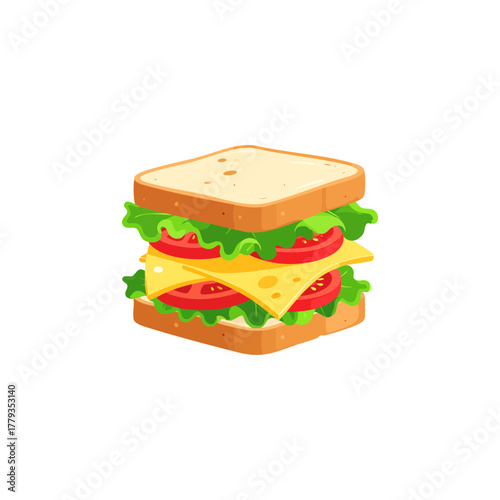 Flat Design Sandwich Illustration – Cheese Lettuce Tomato Minimal Cartoon Icon