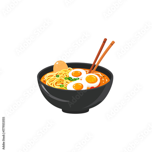 Flat Design Ramen Bowl Illustration – Japanese Noodle Soup Cartoon Icon

