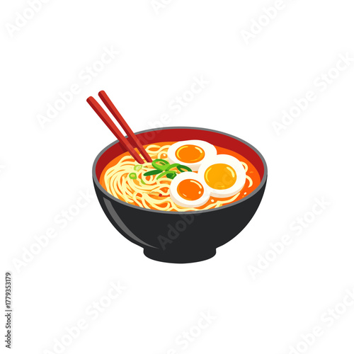 Flat Design Ramen Bowl Illustration – Japanese Noodle Soup Icon with Eggs