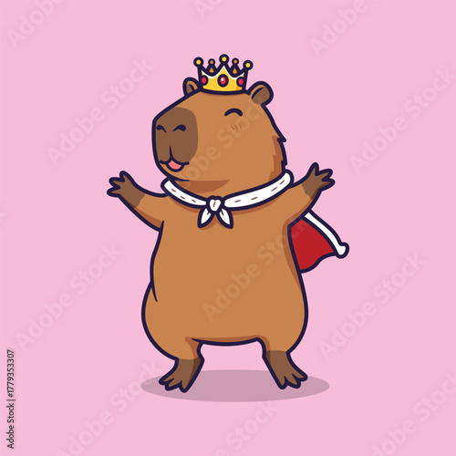 Cute Capybara Wearing Crown and Royal Cape Standing Joyfully . Whimsical Vector Illustration with Pink Background