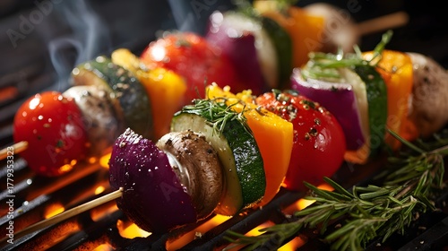 Fototapeta Naklejka Na Ścianę i Meble -  Colorful vegetable skewers cooking over hot glowing coals on a metal grate