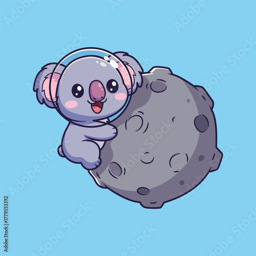 Cute Koala in Space Helmet Hugging Asteroid . Whimsical Vector Illustration with Light Blue Background
