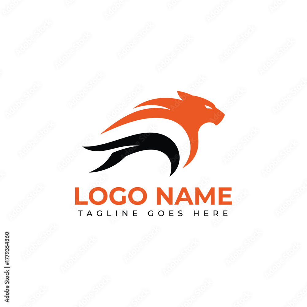 Obraz premium Dynamic orange and black lion head logo design symbolizing strength and leadership for modern brands