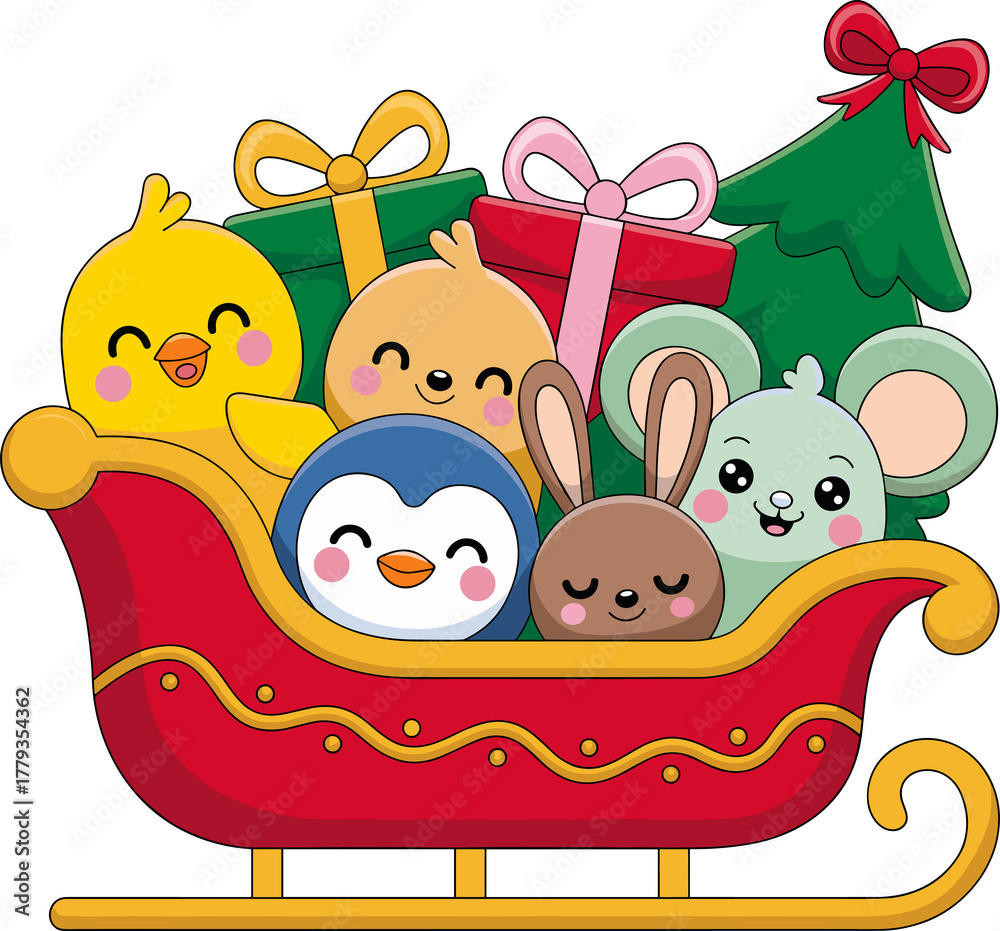 Obraz premium Festive friends celebrate Christmas in a charming sleigh loaded with gifts and cheer