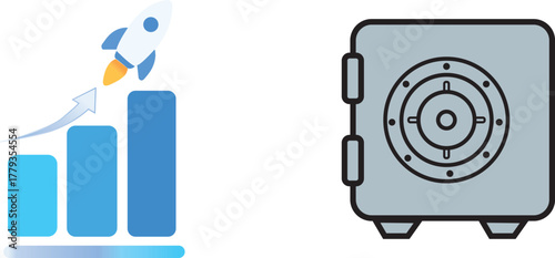Business Growth Icon – Upward Arrow and Bar Graph Symbol for Success and Progress,ault Icon – Secure Safe Box for Money, Banking, and Savings Protection.