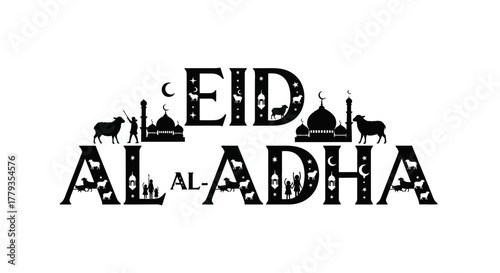 Flat vector eid al-adha celebration with mosque and sheep silhouettes
