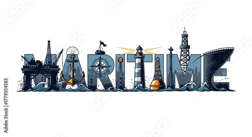 Illustration Maritime word design with nautical elements and ocean wave