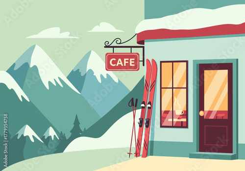 Skis outside a mountain café with a cozy atmosphere and snowy landscape backdrop