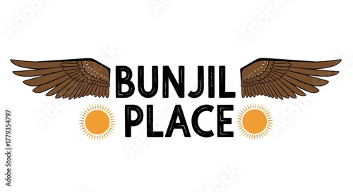 Illustrated logo with native australian bunjil eagle wings and suns