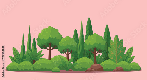 Cartoon forest illustration, dense green vegetation, coniferous and leafy trees, stylized jungle plants, vibrant nature background, whimsical landscape design