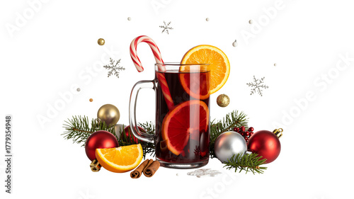 Cozy winter warm drink mulled wine with orange, cinnamon, and festive Christmas decorations, perfect for holiday cheer and seasonal celebrations