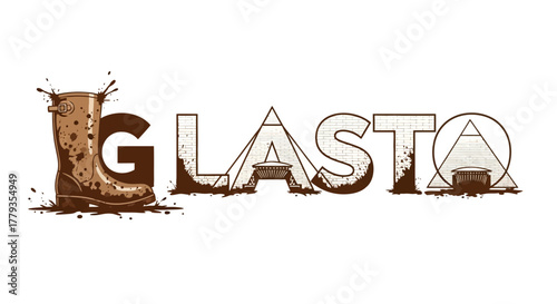 Illustration of muddy wellington boot depicting Glastonbury festival lettering style