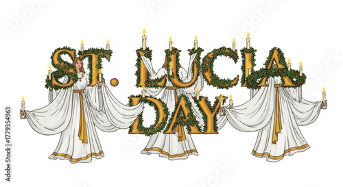 Illustration st lucia day with wreath text and candle angels
