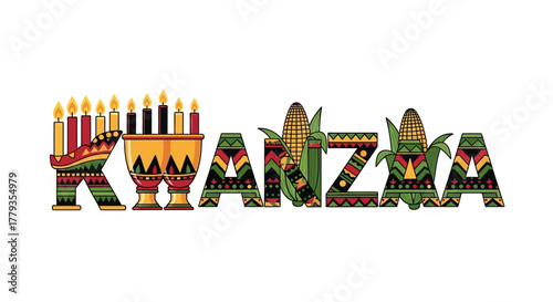 Flat vector colorful Kwanzaa holiday design with kinara and maize ears