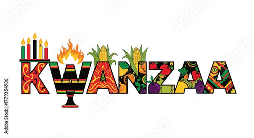 Vector Kwanzaa celebration illustration featuring kinara candles and harvest symbols