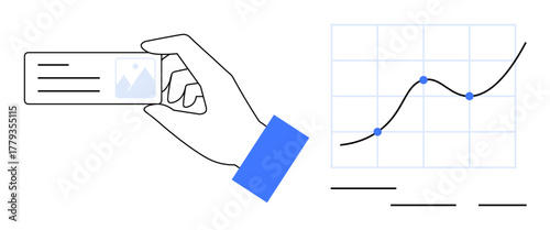 Hand holding rectangular ID card with photo and text. Rising line chart with connected data points on grid. Ideal for analytics, identity, strategy, planning, success, progress, simple flat metaphor