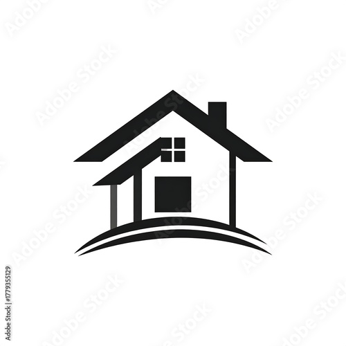 Black and white home icon with curved lines