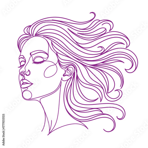 Elegant Line Art Portrait – Flowing Hair & Closed Eyes in Purple Minimalist Style