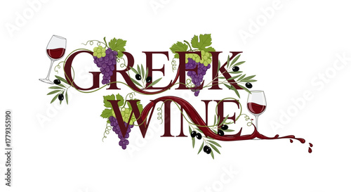 Illustration greek wine logo with grapes and olives decoration ornament
