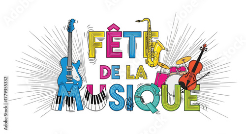 Illustration Fête de la Musique featuring instruments against sunburst design