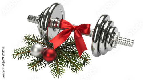 Brighten your holidays with a shiny dumbbell gift, festive red bow and ornaments atop pine branches creating seasonal fitness joy.