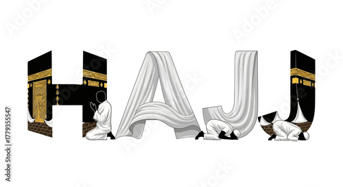 Illustration Hajj pilgrimage depiction with Kaaba and praying Muslims design