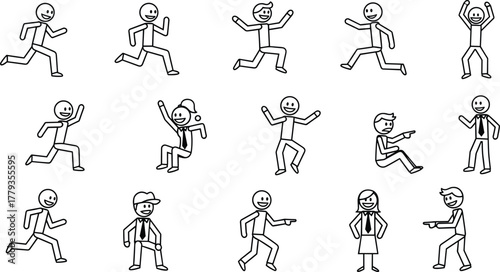 Cartoon stick figure characters in various poses, minimalist line drawing, business and casual actions, gesture illustration, body language concept design