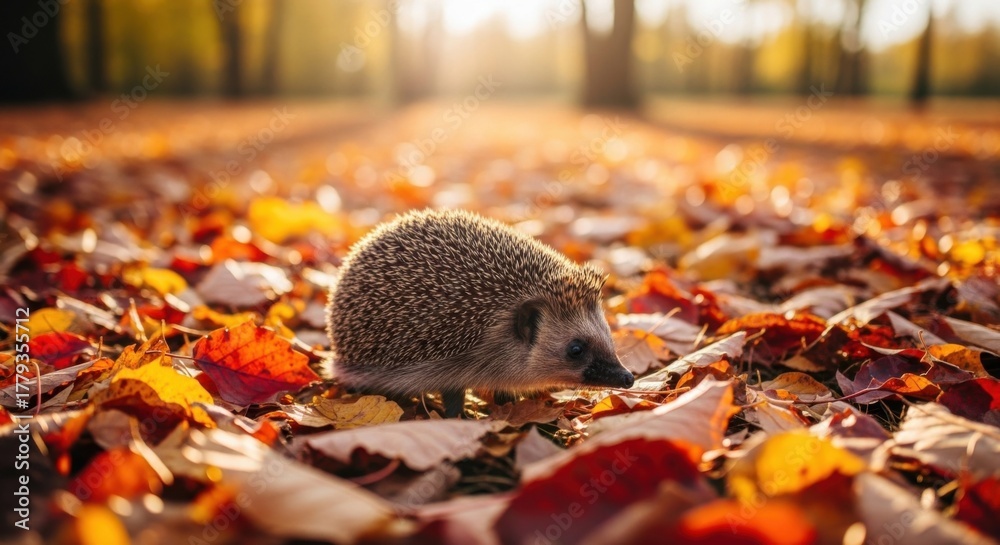 Fototapeta premium Adorable hedgehog nestled amongst vibrant autumn leaves in a sunlit forest