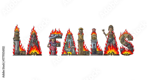 Cartoon illustration word fails with burning letters and cartoon characters