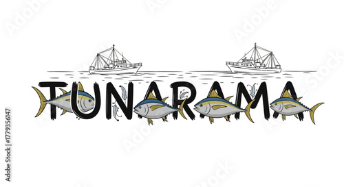 Illustration tunarama text art with tuna fish and boats design