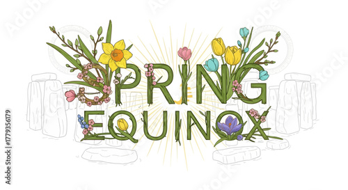 Illustration spring equinox floral text design near stonehenge drawing style