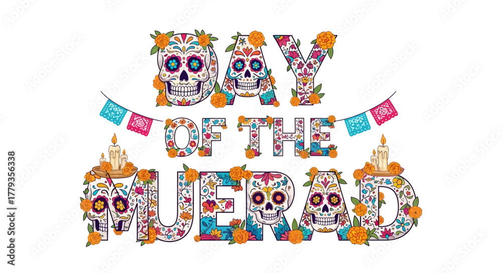 Obraz premium Decorative day of the dead lettering with sugar skulls candles flowers