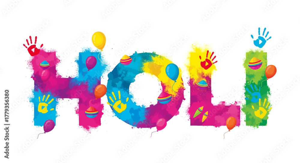 Fototapeta premium Vector Illustration Holi festival colorful typography with handprints balloons and splashes