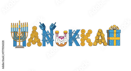 Illustration hanukkah celebration text menorah dreidels gelt donut gifts