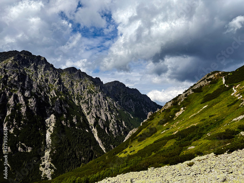 Fototapeta Naklejka Na Ścianę i Meble -  Dramatic mountain valley near Zakopane Poland with rocky cliffs and green slopes