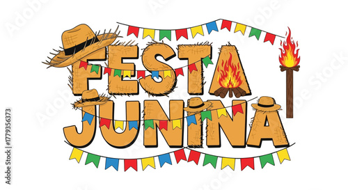 Vector illustration festa junina straw text with party decoration and bonfire