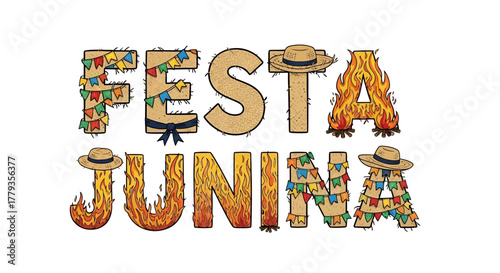 Cartoon vector Festa Junina celebration lettering with bonfire elements